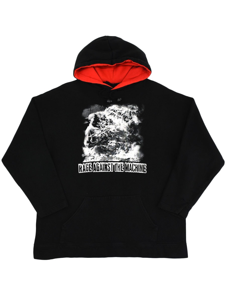 90's～ ''RAGE AGAINST THE MACHINE'' 両面プリント フード裏Wフェイス スウェットパーカ ブラック 表記(XL)