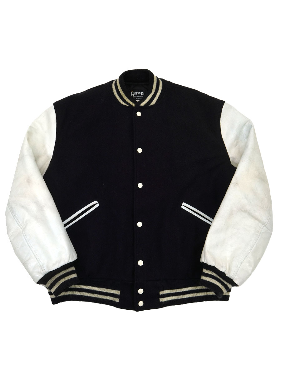 80's BUTWIN バーシティジャケット 無地 ネイビーxホワイト 表記(L