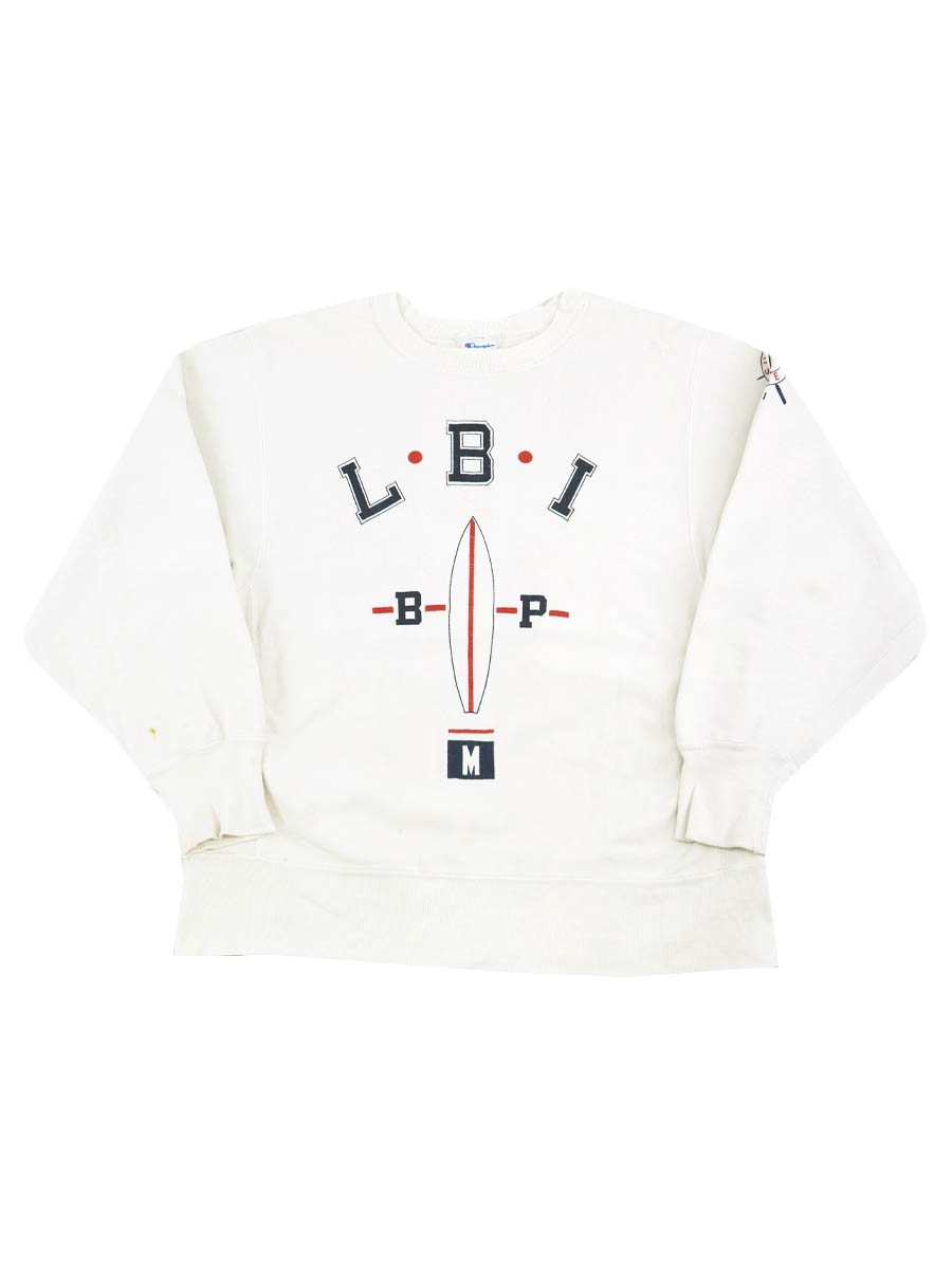 80's プリントタグ チャンピオンRW ''L・B・I'' 両面/袖プリント 白 表記(M)