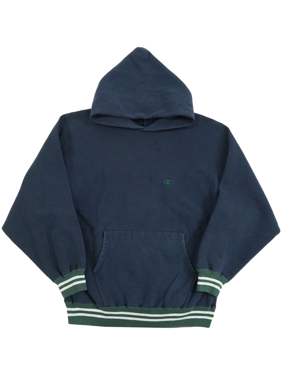 90's 刺繍タグ チャンピオンRWパーカ リブライン 無地ネイビー 表記(XL) USA製