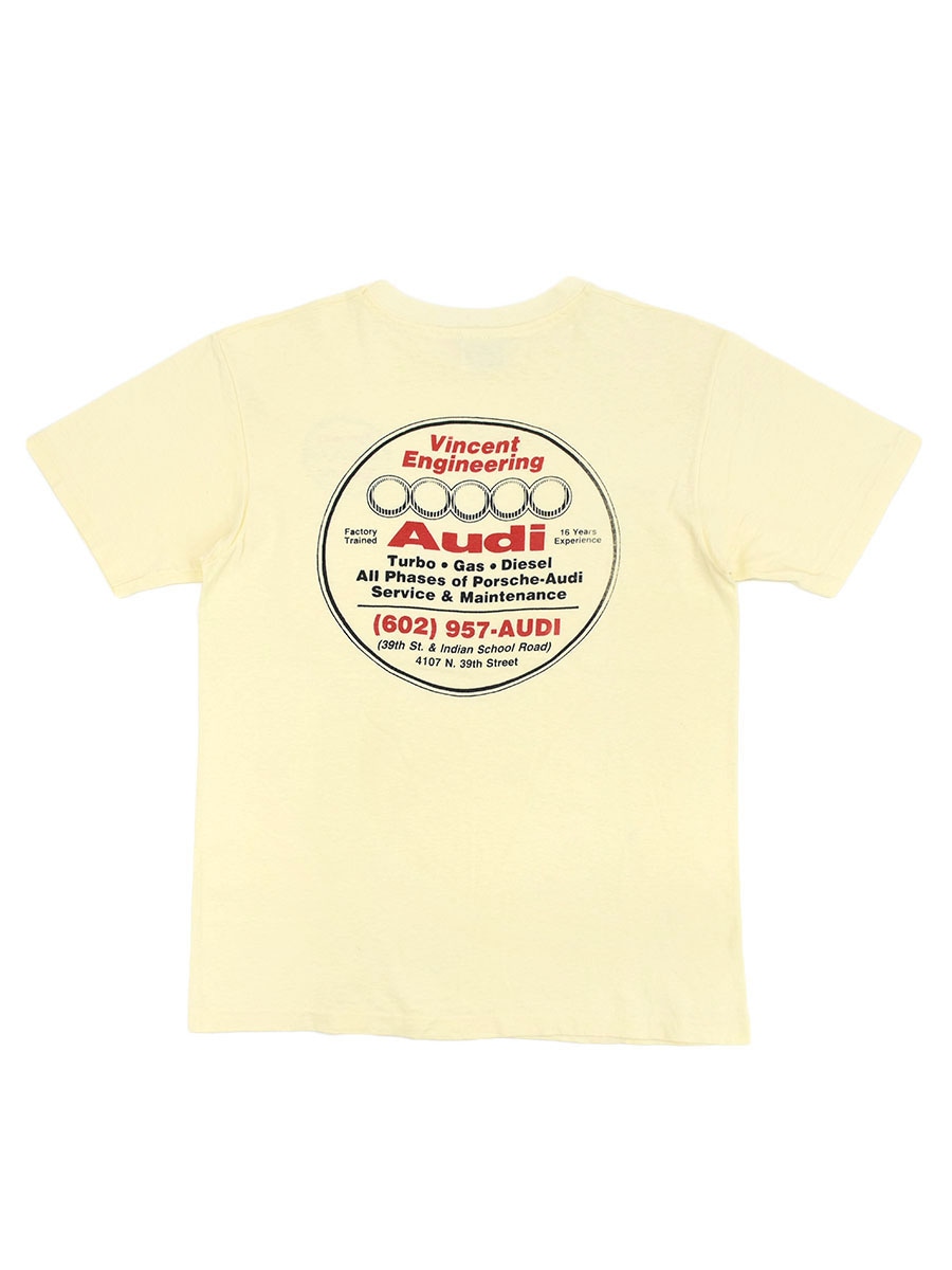 80's Hanes ''Vincent Engineering Audi'' 両面プリント ポケ付きTシャツ クリームイエロー 表記(M) USA製