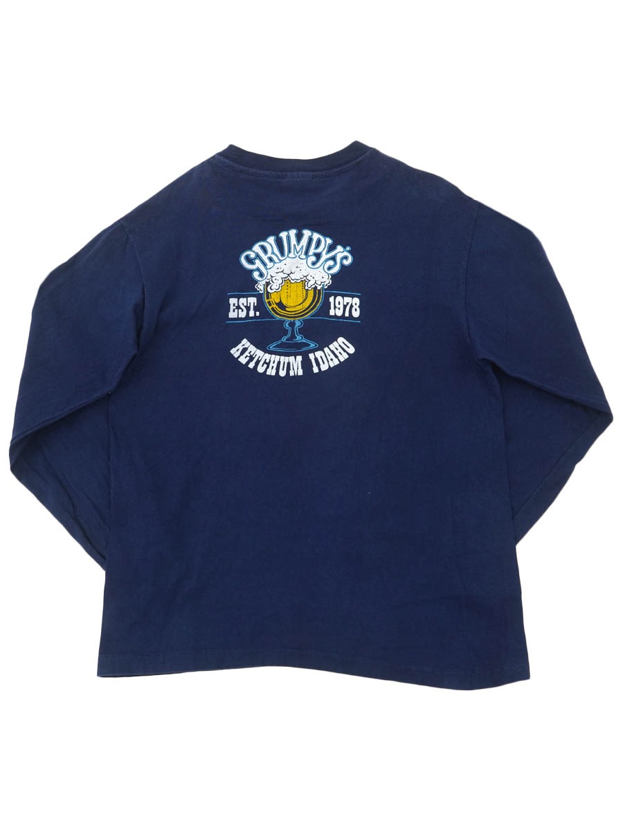 80's Hanes ''GRUMPY'S'' 両袖プリント ロングスリーブTシャツ ネイビー 表記(L)