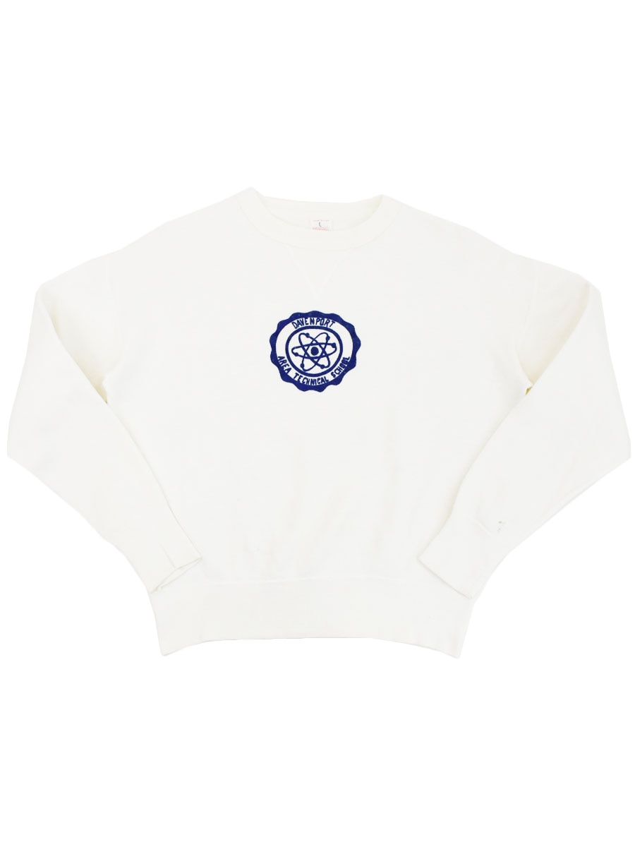 50's RUSSELL ATHLETIC ''DAVENPORT AREA TECHNICAL SCHOOL'' フロッキープリント 前V セットインスリーブスウェット 表記(L)