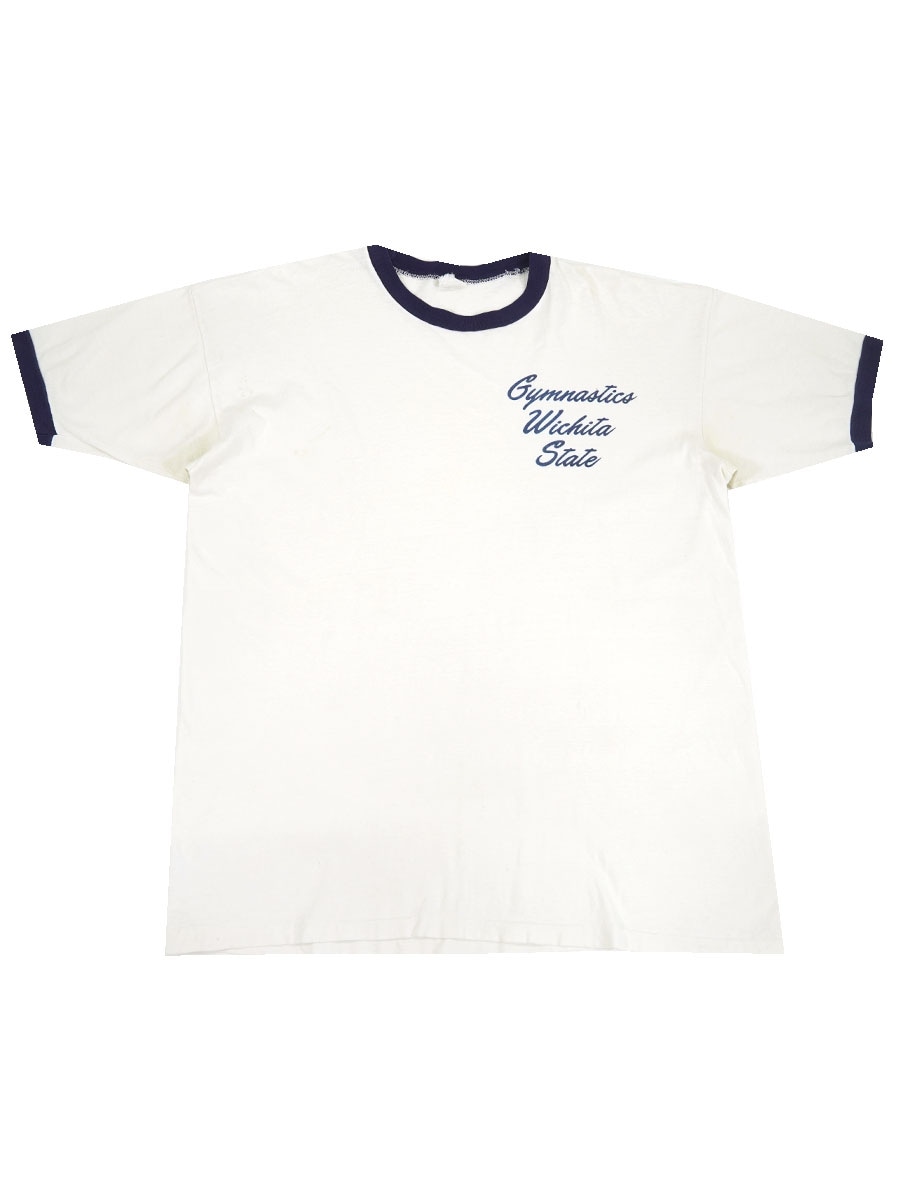 60's プロダクツタグ チャンピオン ''Gymnastics Wichita State'' 染み込みプリント リンガーTシャツ 表記(XL)