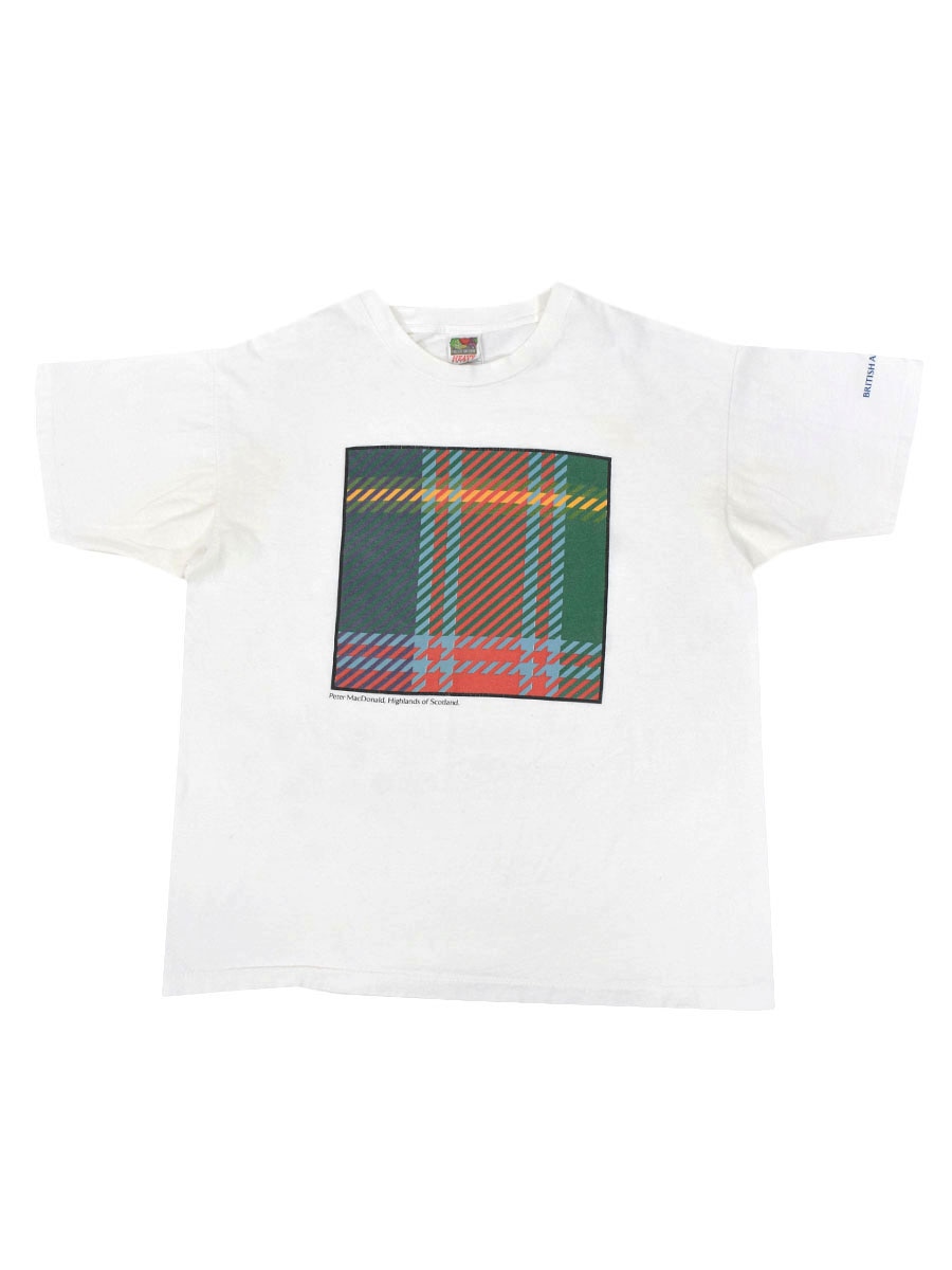 90's FRUIT OF THE LOOM ''Peter McDonald'' タータンチェック プリントTシャツ ホワイト 表記(XL)