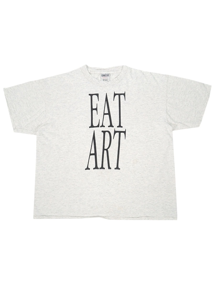 90's ONEITA ''EAT ART'' 霜降りグレー プリントTシャツ 表記(XL)