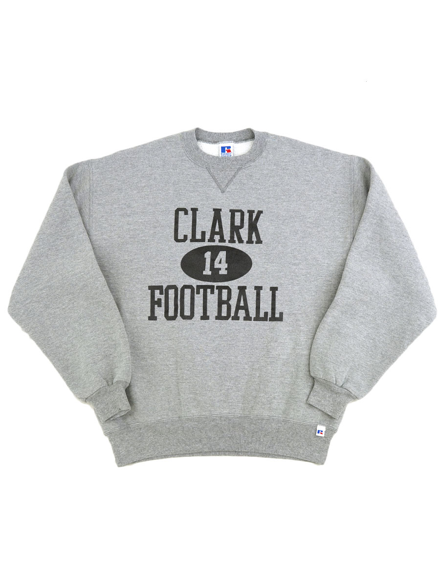90's RUSSELL ATHLETIC ''CLARK FOOTBALL'' 3段黒プリント 前V スウェット 表記(L) USA製 