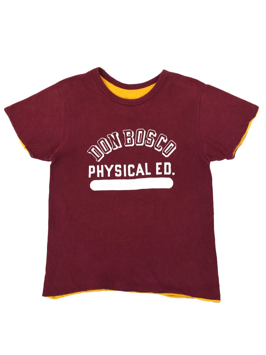 70's バータグ チャンピオン ''DON BOSCO PHYSICAL ED'' 3段プリント リバーシブルTシャツ エンジｘイエロー 表記(M)