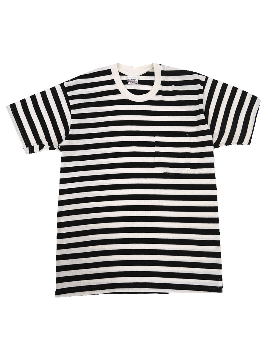 80's～ CLASSIC FASHIONS ポケ付き ボーダーTシャツ 黒×白 実寸(M位