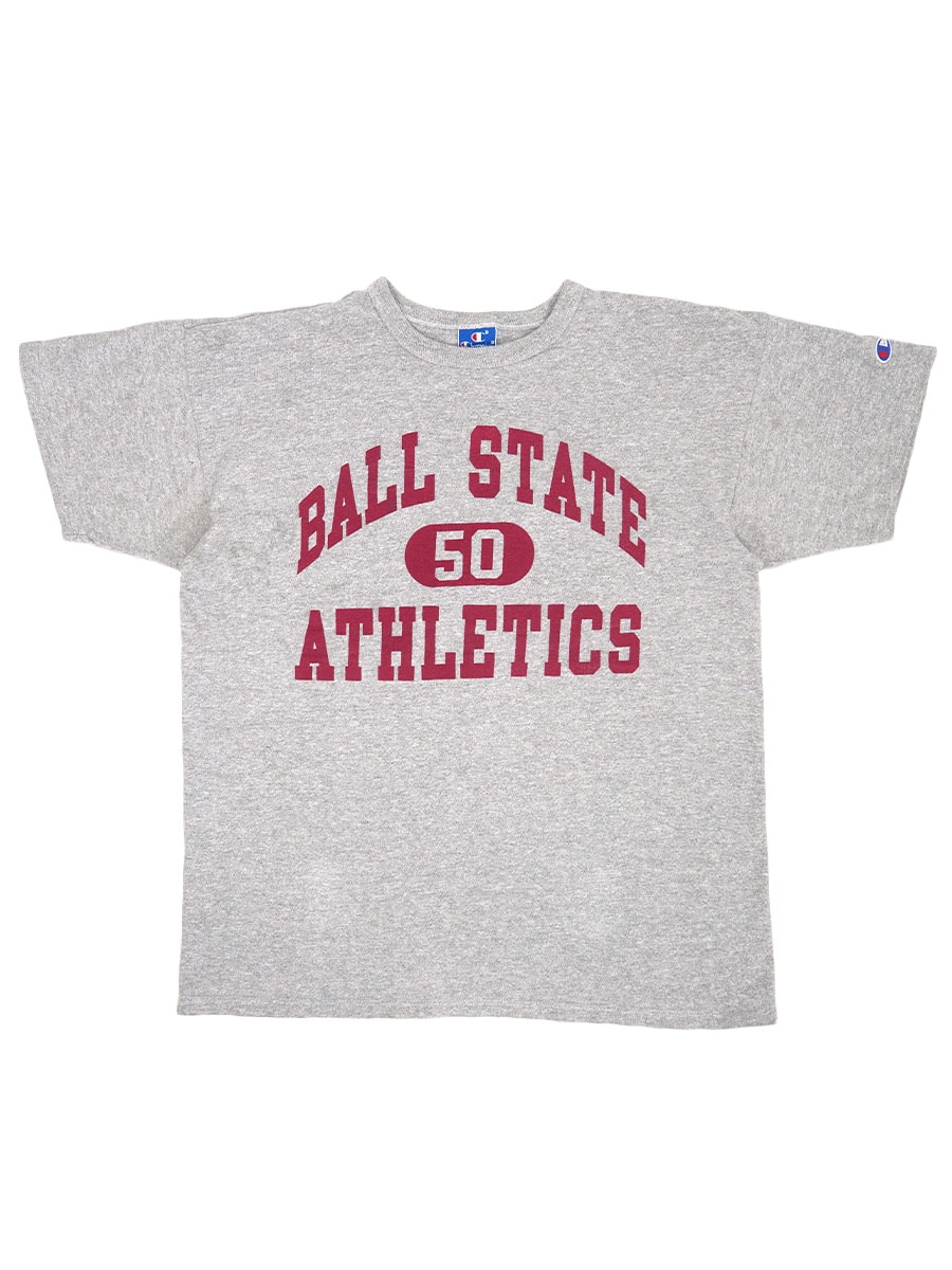 90's 青刺繍タグ チャンピオン ''BALL STATE ATHLETICS'' 3段プリント 霜降りグレー 表記(XL) USA製