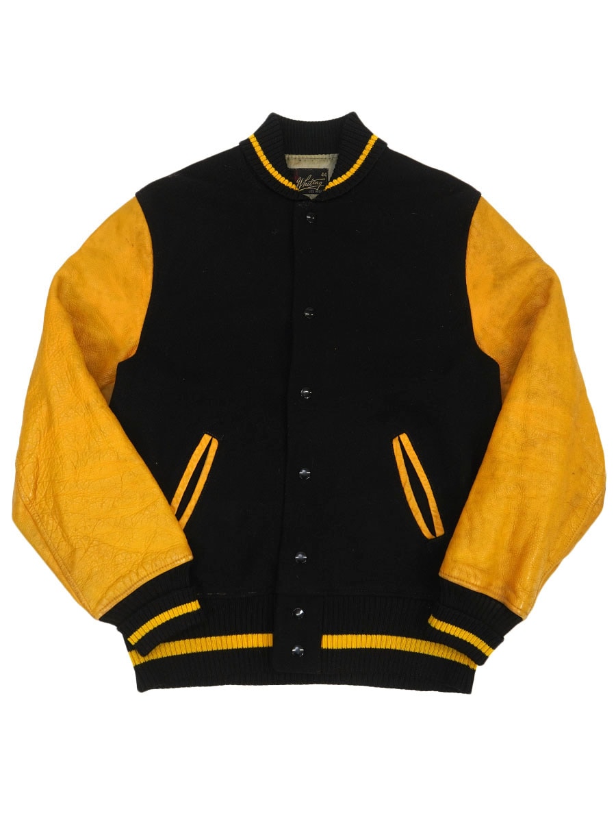 60's Whiting レザー切り替え 無地 バーシティジャケット ブラックｘイエロー 表記(44)