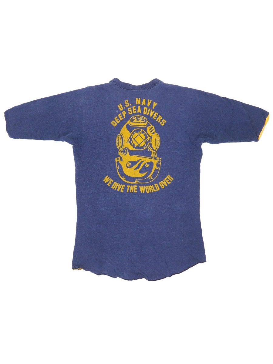 70's～ ''U.S.NAVY DEEP SEA DIVERS'' 両面プリント リバーシブルTシャツ 黄x紺 実寸(L位)
