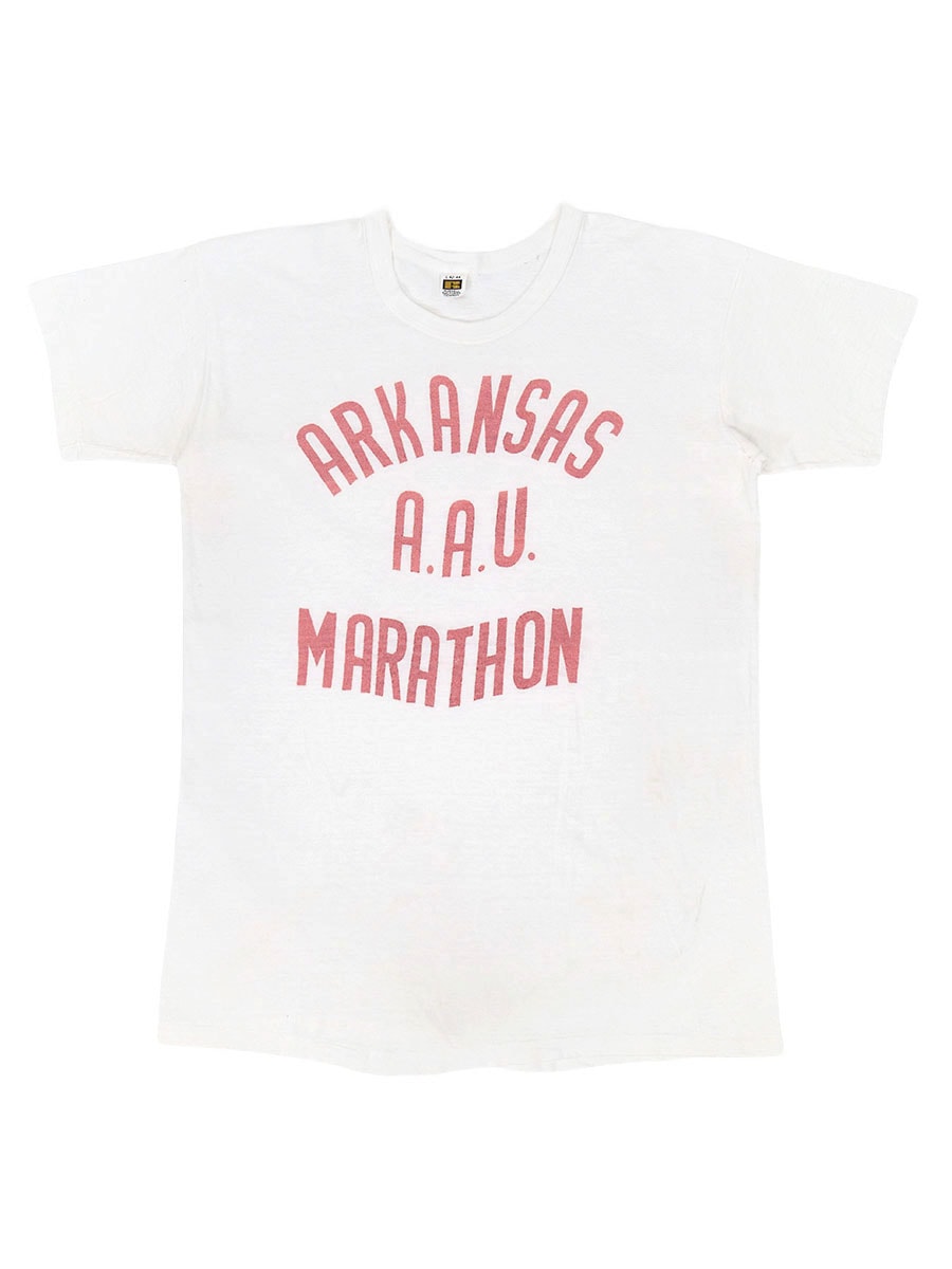 60's RUSSELL ''ARKANSAS A.A.U. MARATHON'' 3段プリント Tシャツ ホワイト 表記(L)