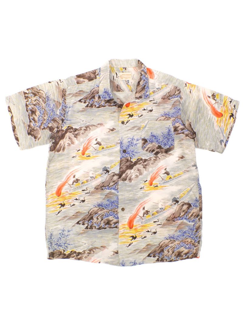 50's～ ROYAL HAWAIIAN ループカラー 和柄 シルクハワイアンシャツ 実寸(L位)