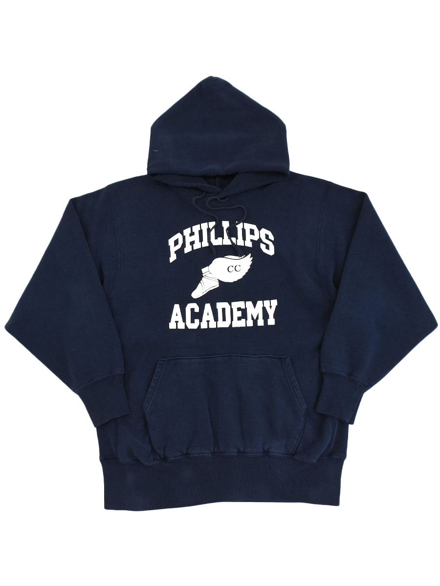 MEXICO製 刺繍タグ チャンピオンRWパーカ ''PHILLIPS ACADEMY'' 3段ウィングフットプリント ネイビー 表記(XL) 