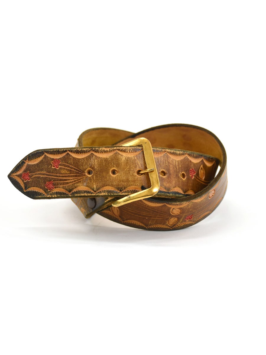 メキシコ製 レザーベルト 本革 スタッズ カービング 薔薇