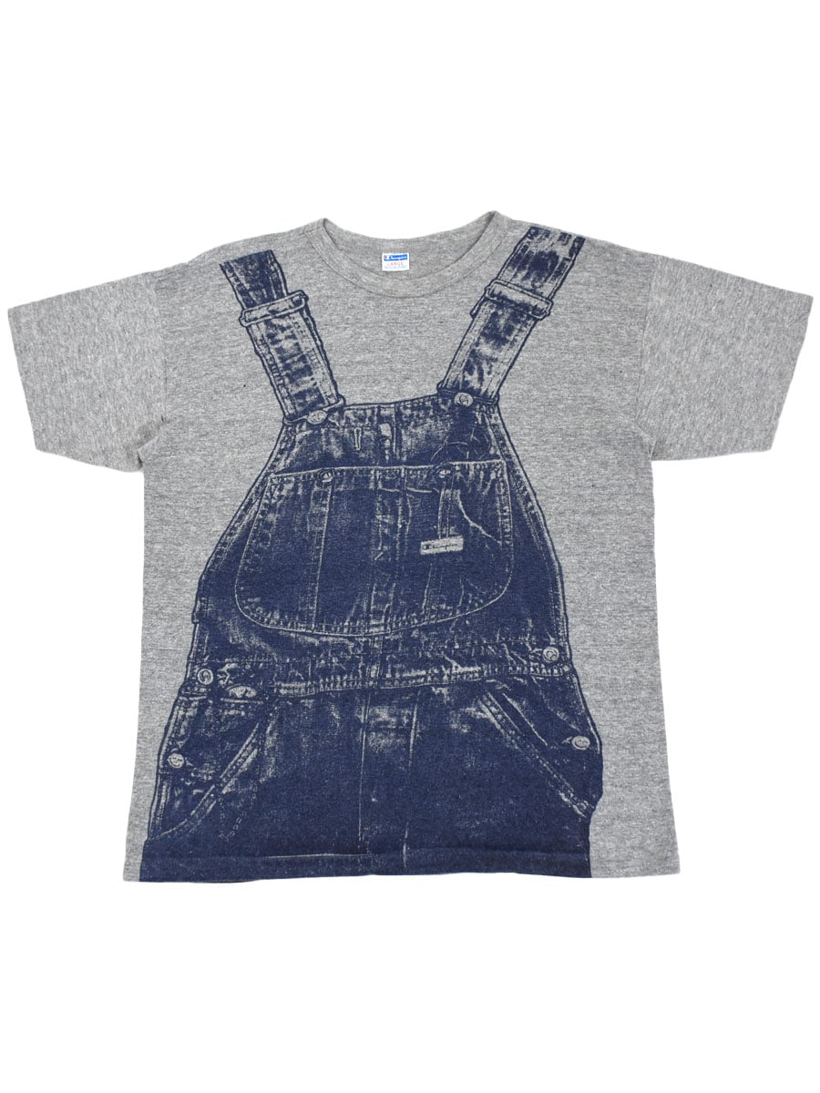 70's バータグ チャンピオン オーバーオール両面プリント Tシャツ 霜降りグレー 表記(L)