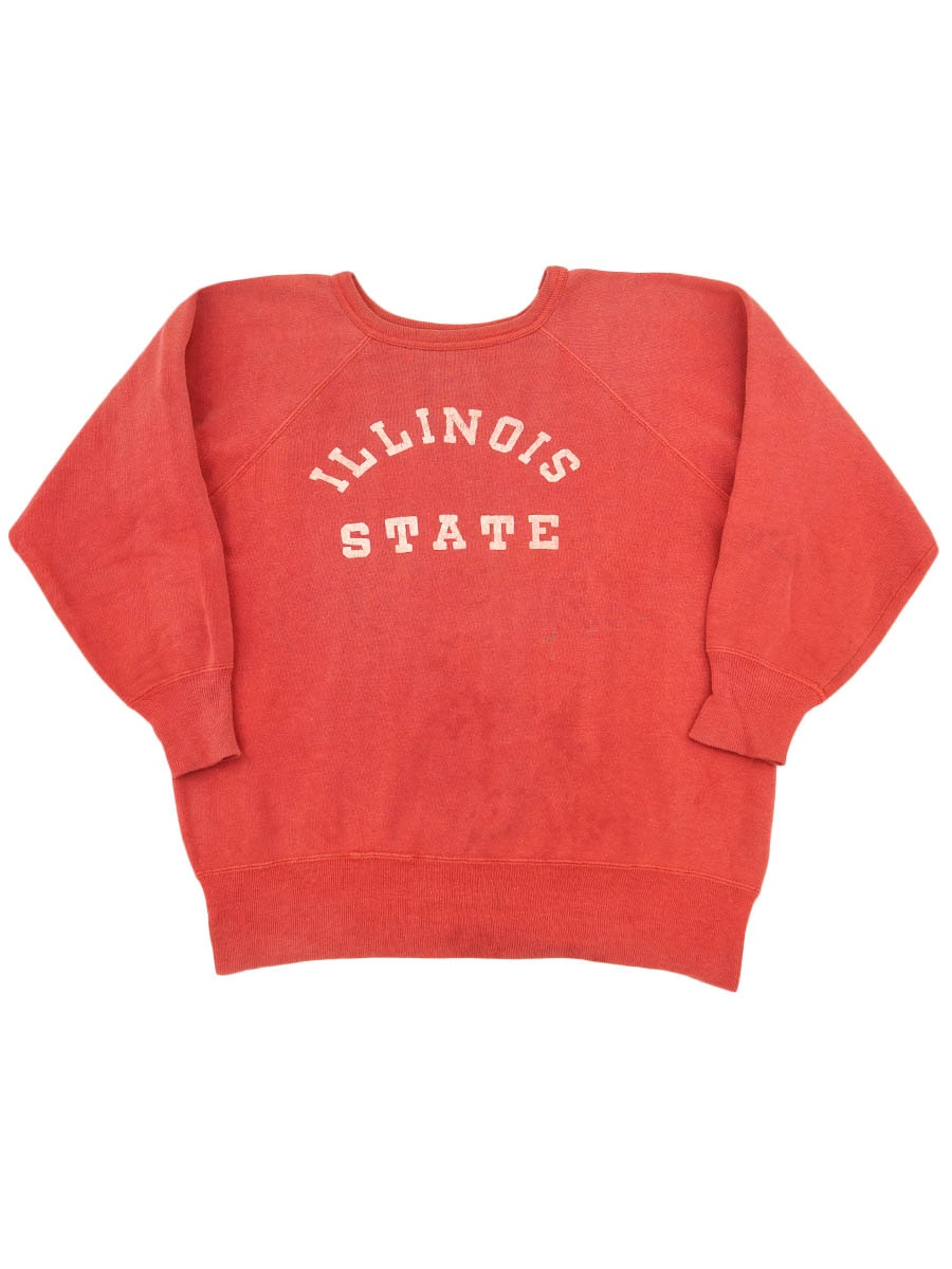 60's～ ''ILLINOIS STATE'' フロッキープリント ラグランスウェット レッド 実寸(M位)