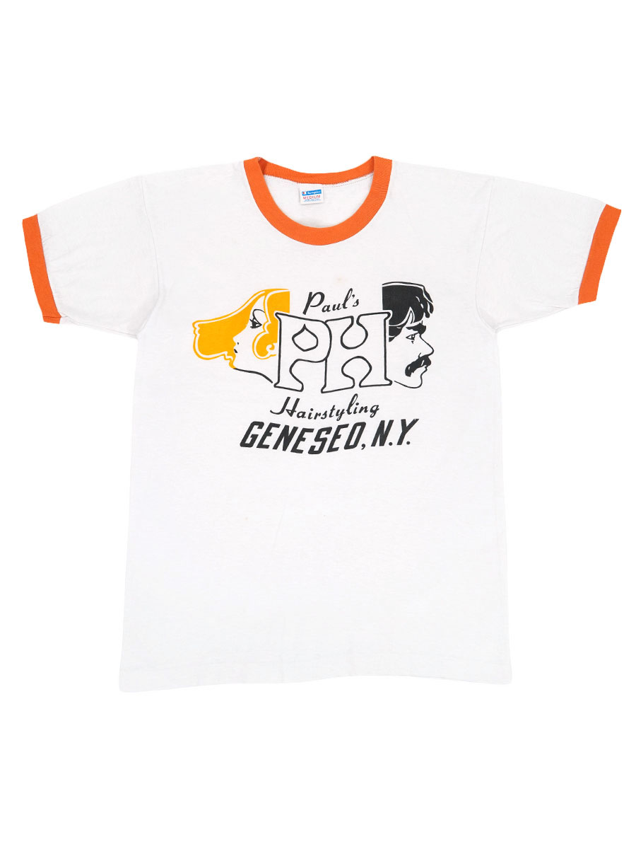 70's バータグ チャンピオン ''Paul's PH Hairstyling GENESEO,N.Y.'' 染み込み リンガーTシャツ 表記(M)
