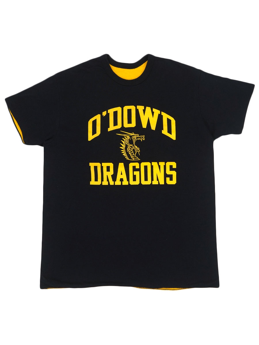 80's～ ''O'DOWD DRAGONS'' 3段プリント リバーシブルTシャツ ブラック×イエロー 実寸(XL位)