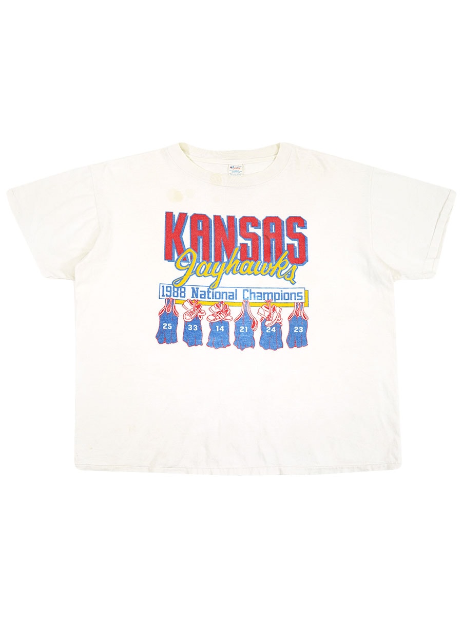 80's トリコタグ チャンピオン ''KANSAS Jayhawks'' 染み込みプリントTシャツ 表記(XL) USA製