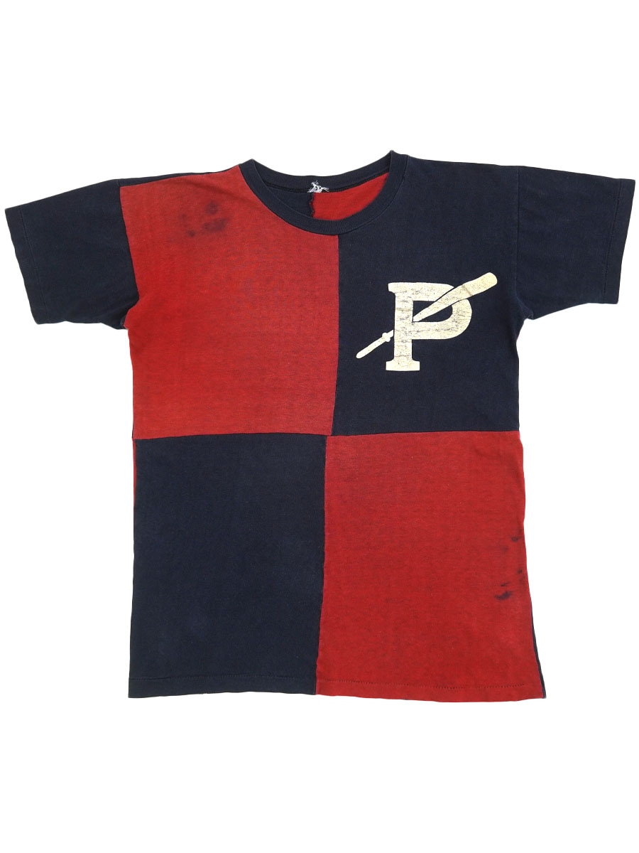 50's～ ''P'' 切り替えTシャツ レッドxネイビー 実寸(M位)