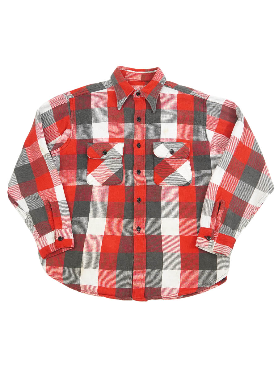 60's～ 赤黒白チェック フランネルシャツ マチ付き 実寸(M位) | すべて