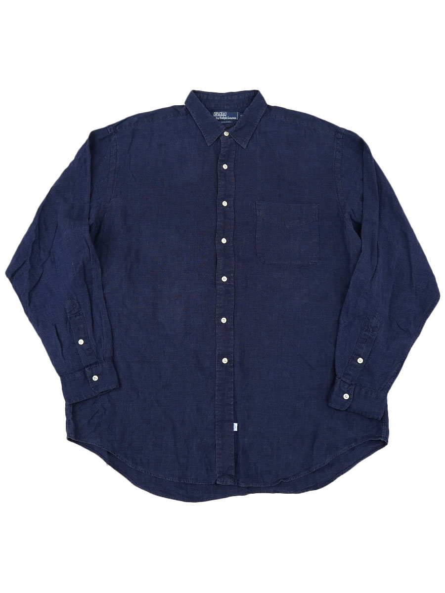 ラルフローレン 100%リネン ロングスリーブシャツ 表記(XL) 藍色
