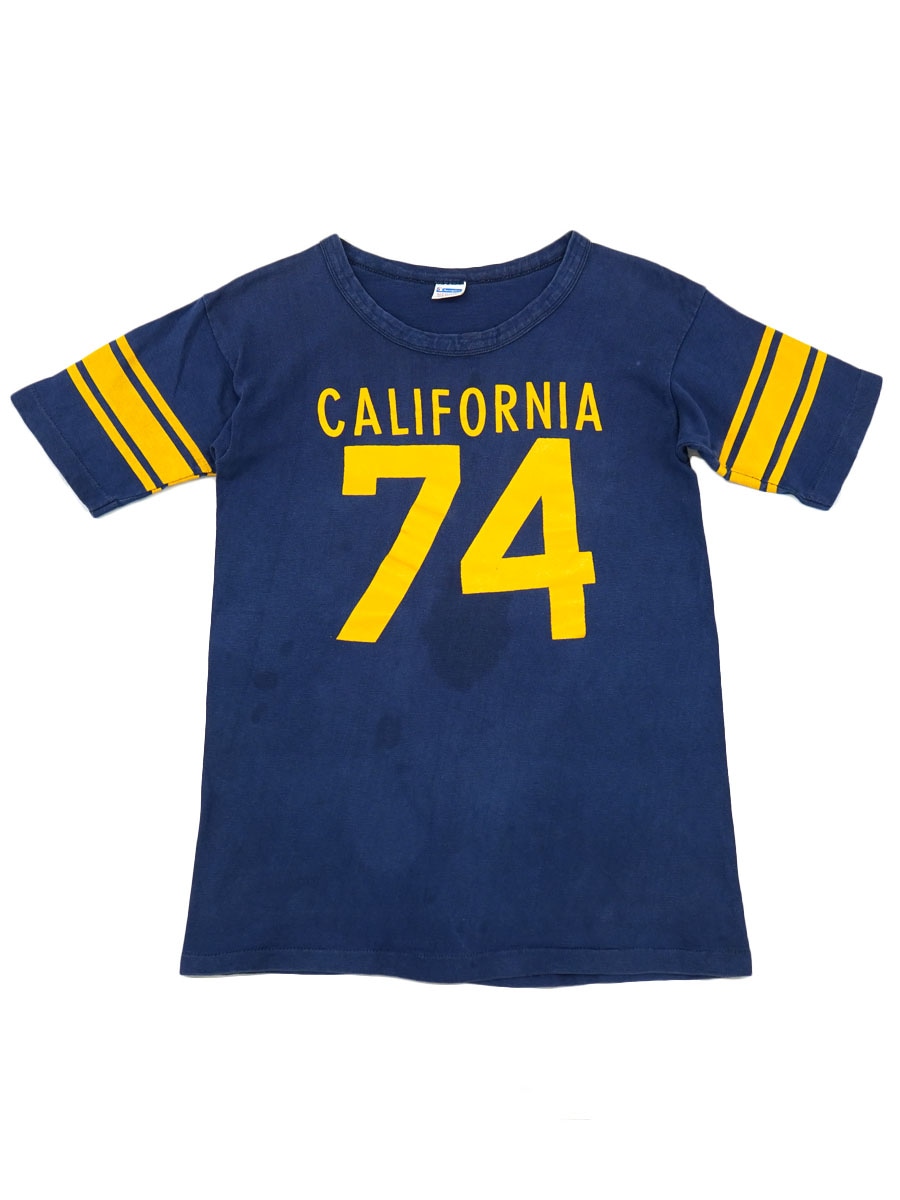 70's バータグ チャンピオン ''CALIFORNIA 74'' 両面ナンバリング 袖ライン 半袖フットボールTシャツ 表記(M)