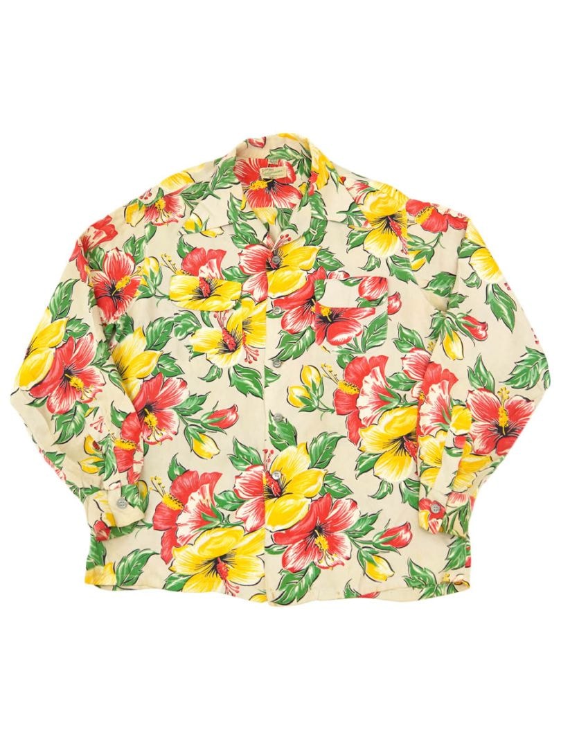 【最高デザイン】総柄 ボタニカル ハワイアン ユニセックス XL相当 ブルゾン 50's Californian SPORTSWEAR SHOP ボタニカル柄 ロングスリーブ