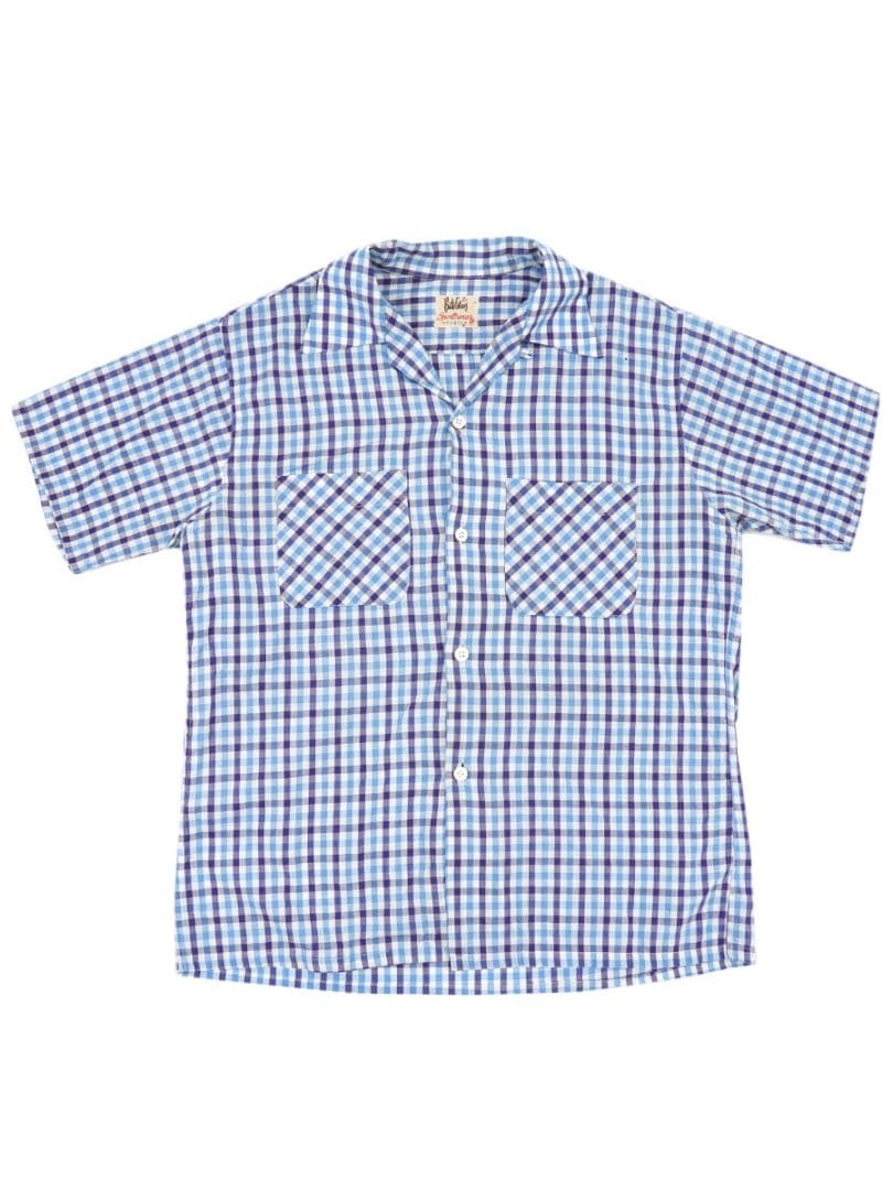 【美品】Clip.tab チェック柄 リネン 半袖シャツ 50's～ Sportwear 好配色チェック柄 ループカラー半袖シャツ