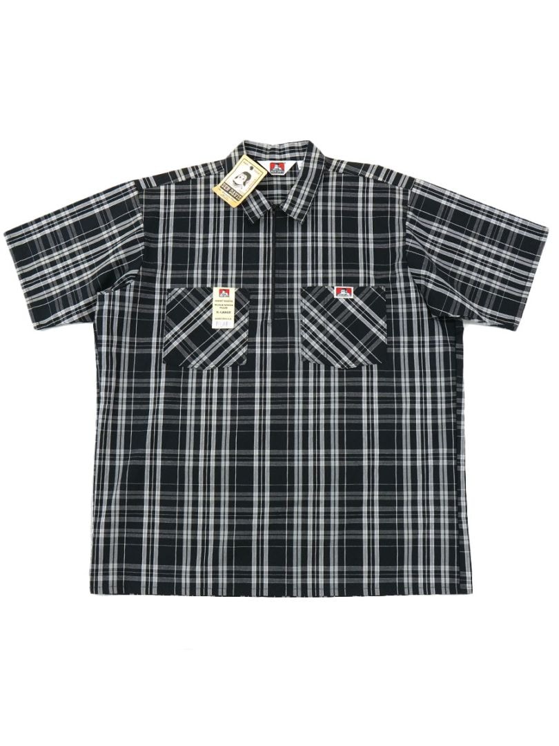 USA製 BEN DAVIS ハーフジップ半袖シャツ BLACK/WHITE PLAID