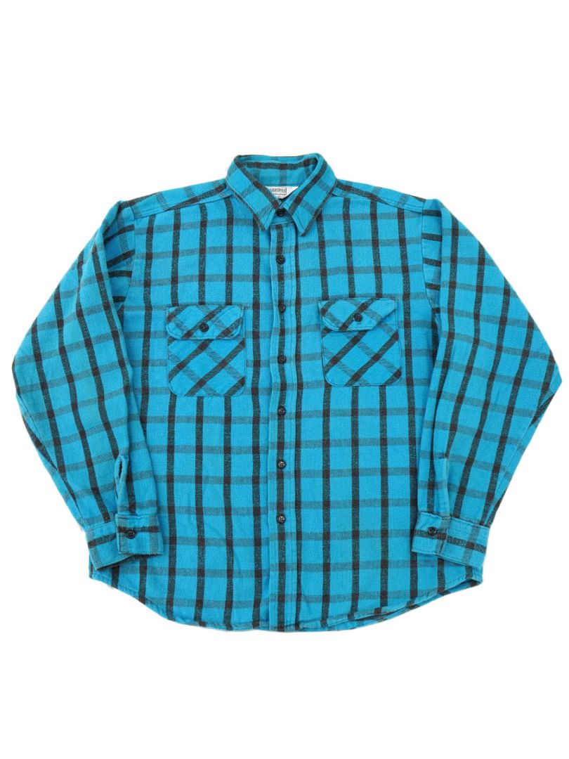 70's FIVEBROTHER ターコイズブルー×ブラック フランネルシャツ 表記(L