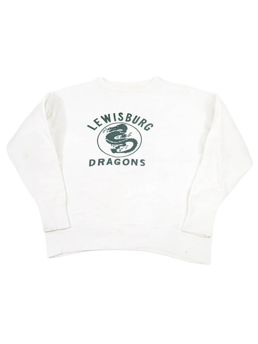50's～ ''LEWISBURG DRAGONS'' 3段フロッキープリント 前V セットインスリーブスウェット 実寸(M位)