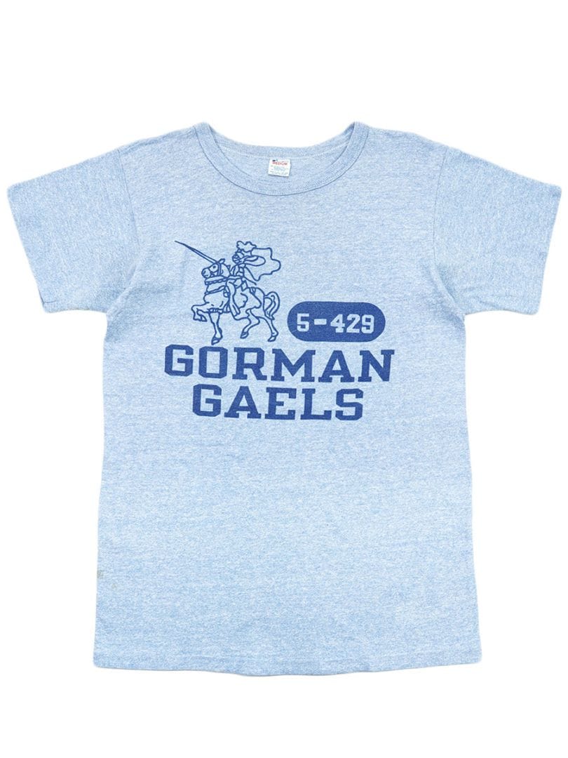 80's トリコタグ チャンピオン 青霜降り ''GORMAN GAELS'' 3段プリント Tシャツ 表記(M)