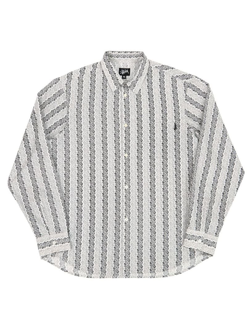 90's～ STUSSY 総柄ストライプ 100%コットン L/Sシャツ 表記(XL) USA製