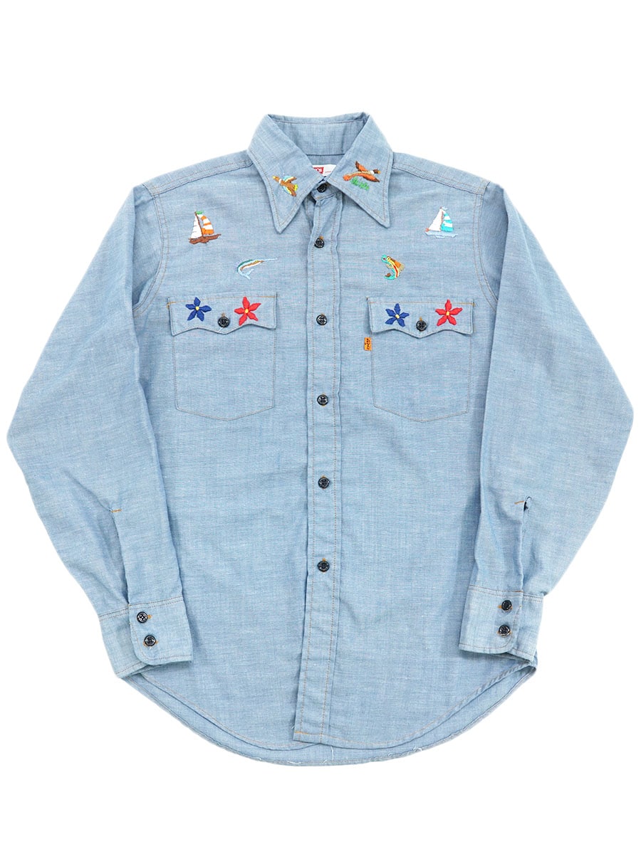 70's Levi's オレンジタブ コットンポリ シャンブレーシャツ 刺繍入り