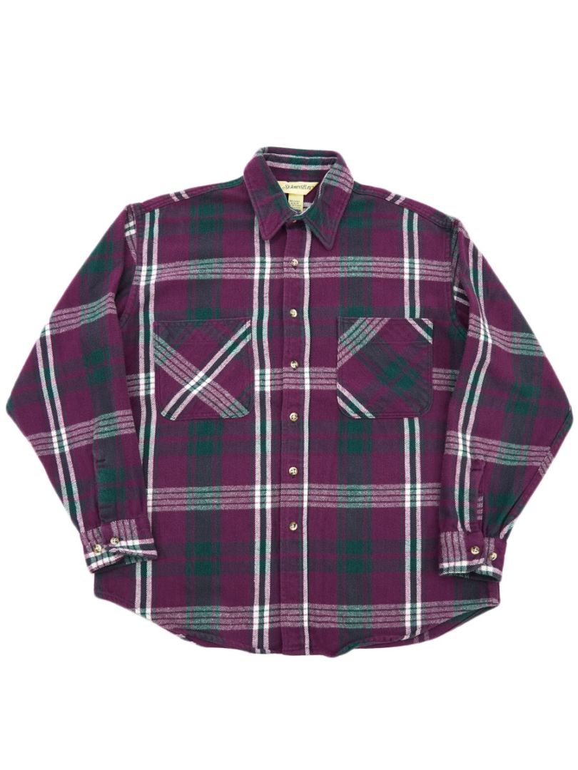 90's ST JOHN'S BAY 紫緑白 好配色チェック柄 フランネルシャツ 表記(L