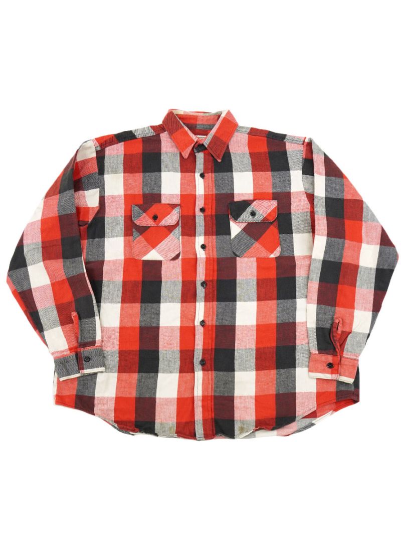 80's FIVEBROTHER 白黒赤ブロックチェック フランネルシャツ 表記(2XL