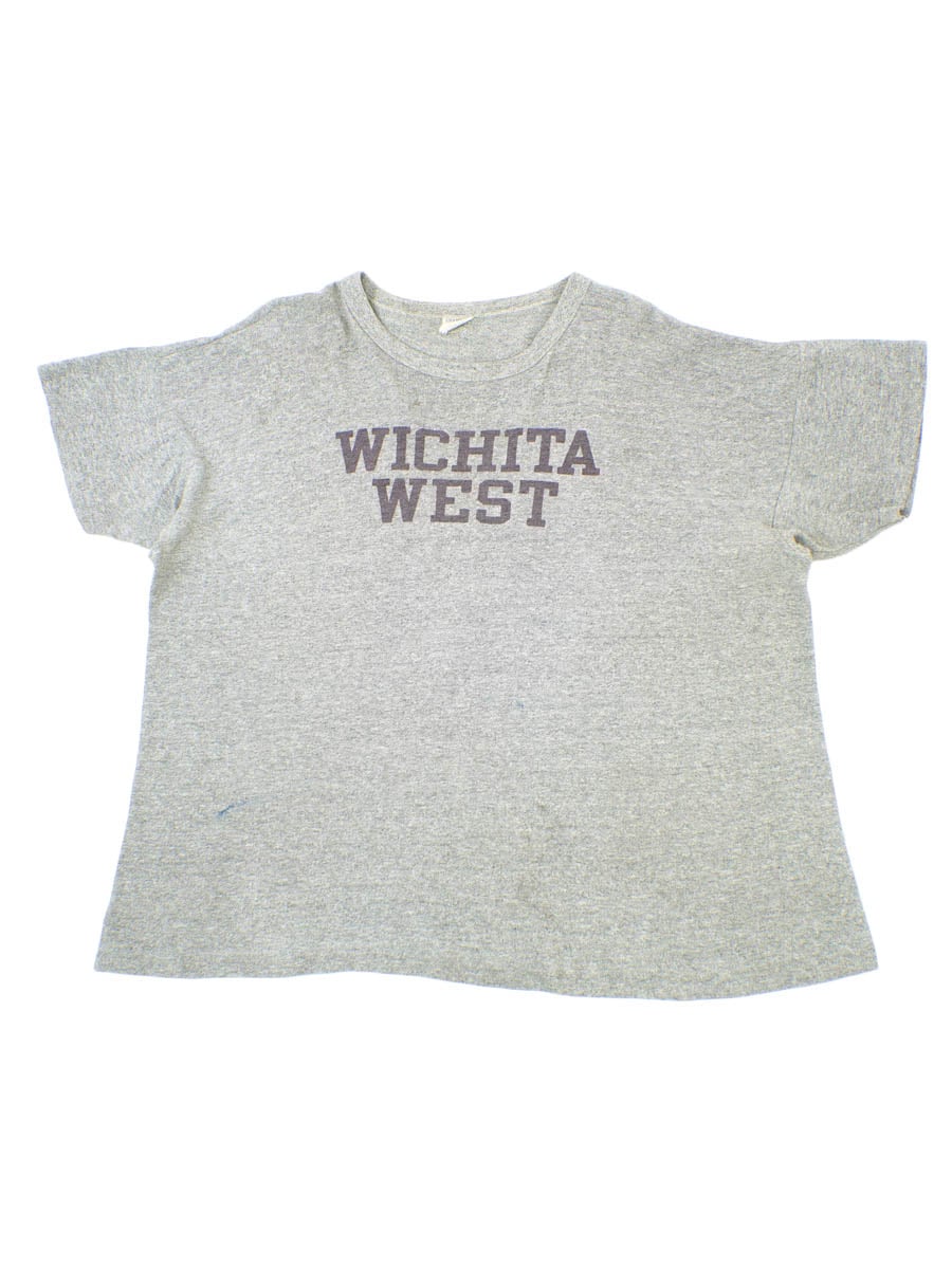 60's プロダクツタグ チャンピオン ''WICHITA WEST'' 染み込みプリント Tシャツ 霜降りグレー 表記(XL) USA製