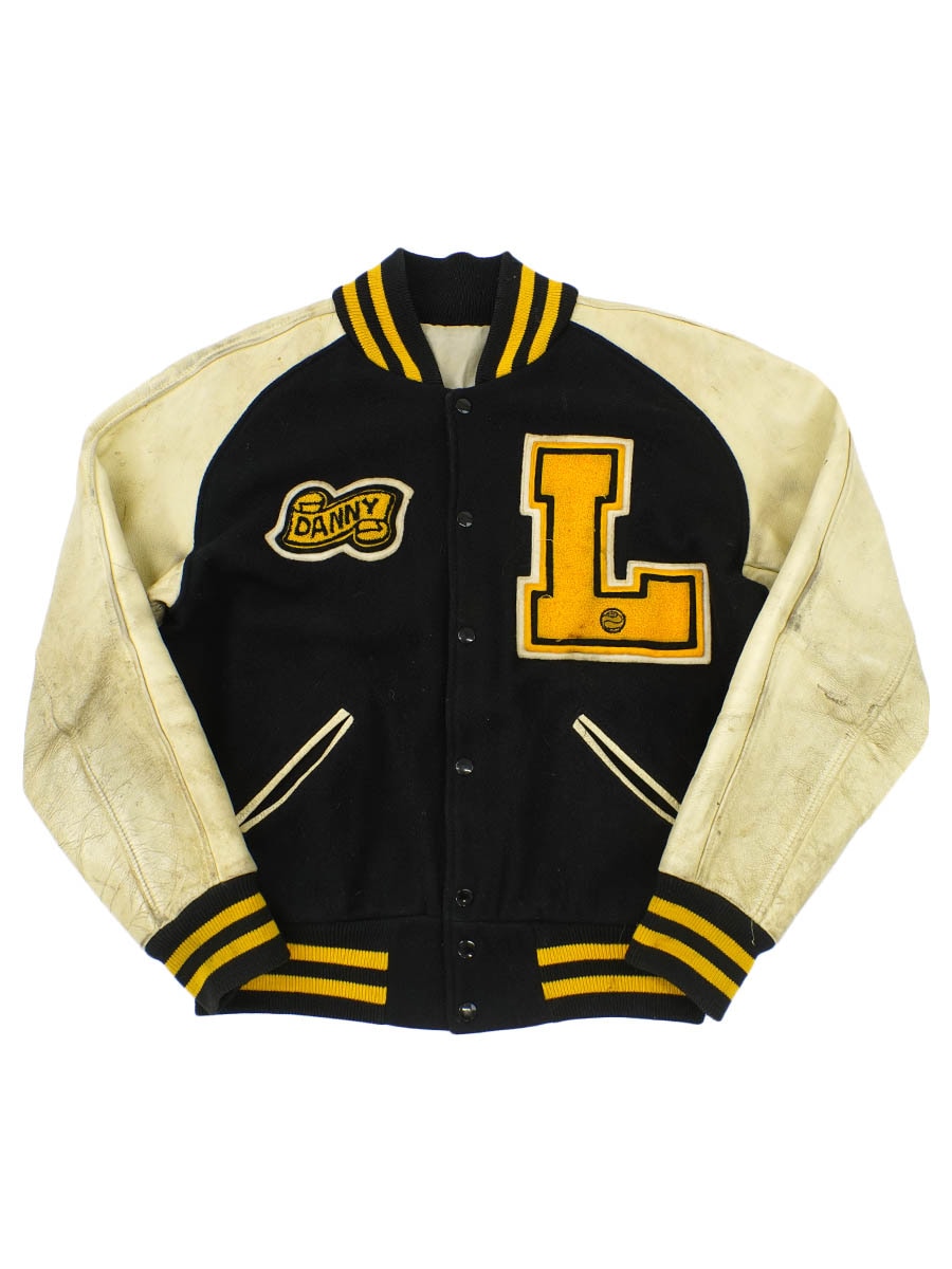 LASLEY KNITTINGラスレイニッテイング70s ウールスタジャン 36 60's LASLEY KNITTING CO ワッペン付き レザー切り替え バー