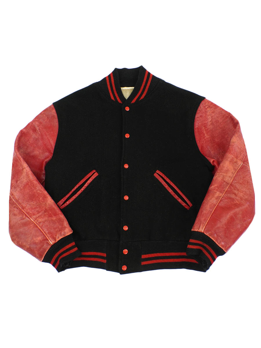 ビンテージ60sバーシティジャケット 60's～ 無地 レザー切り替え バーシティジャケット 黒×赤 実寸