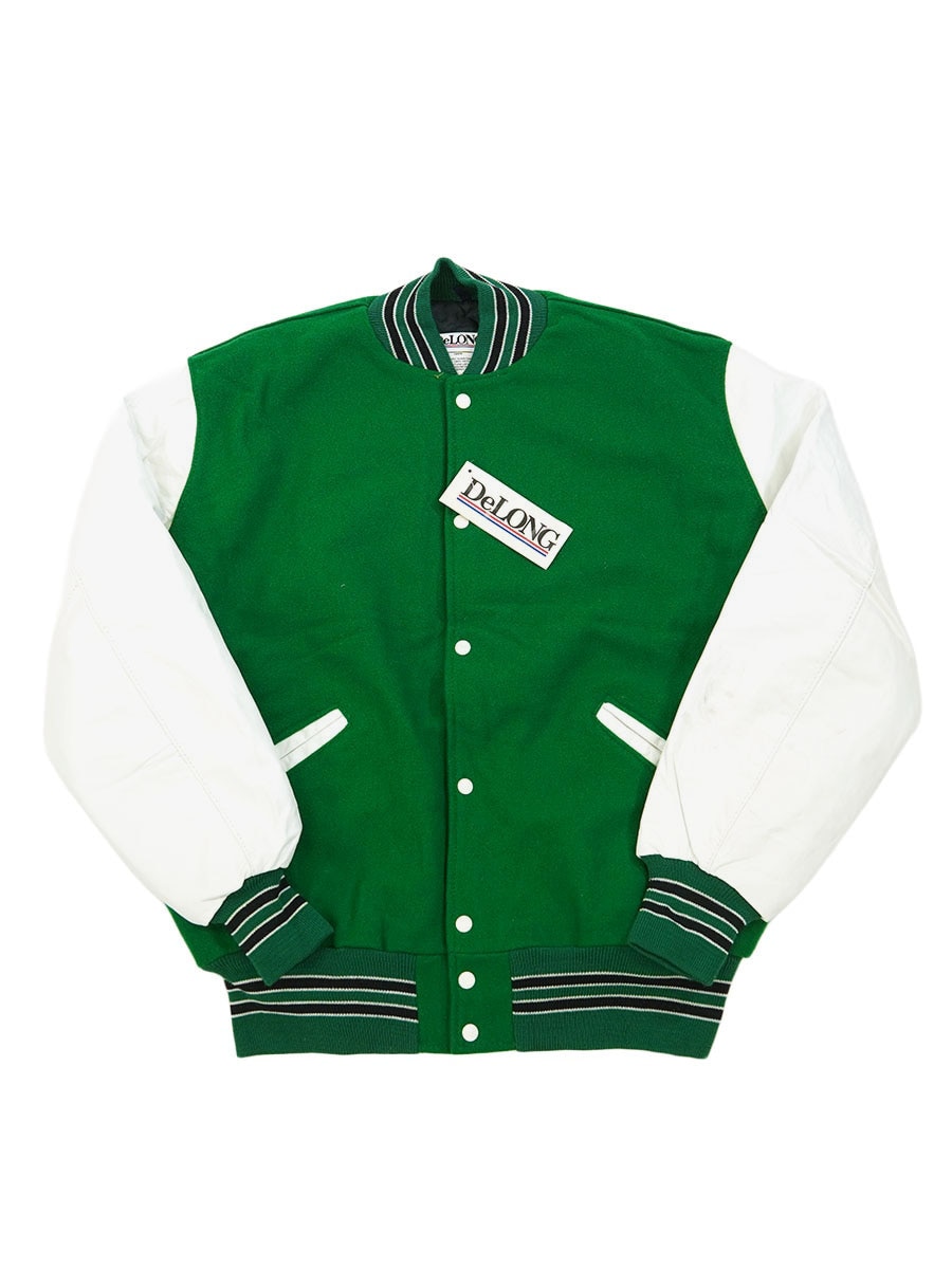 90's DeLONG 無地 レザー切り替え バーシティジャケット 緑白 表記(XL