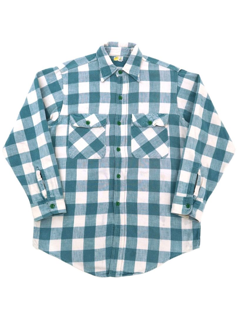 50's～ BLUE BELL 青白ブロックチェック フランネルシャツ 実寸