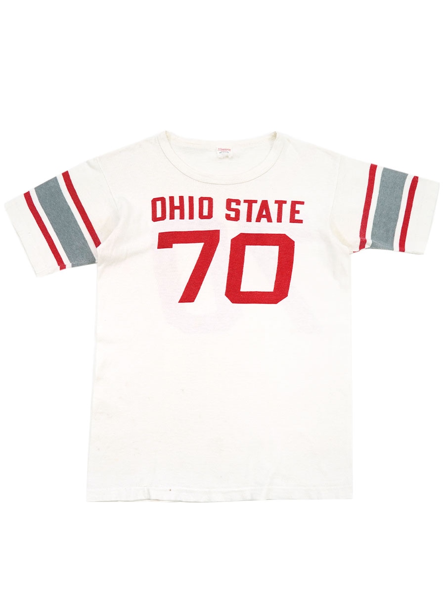 60's ランタグ チャンピオン ''OHIO STATE'' 染み込み 袖ライン半袖フットボールTシャツ 表記(M)