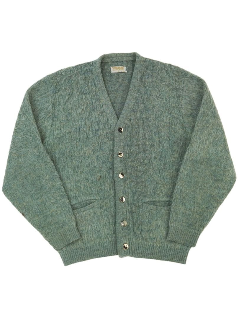 60's～ グリーンベース ミックスカラー ウールxモヘア ニットカーディガン 表記(L)