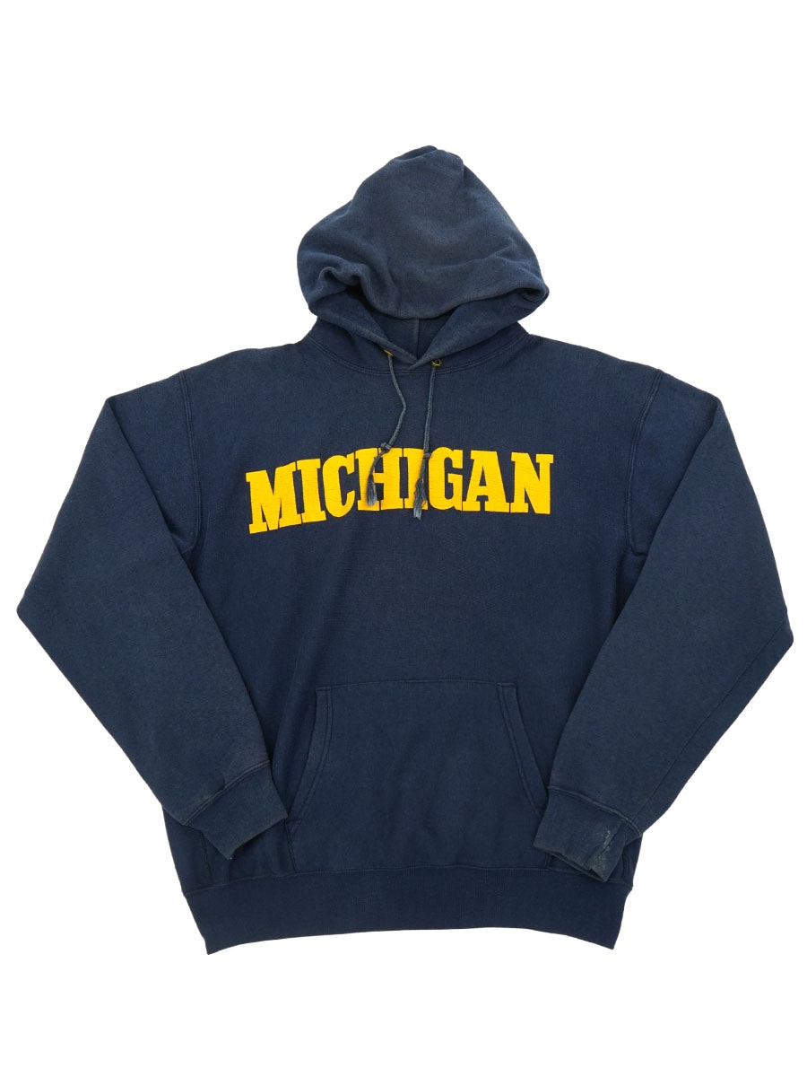 80's プリントタグ チャンピオンRWパーカ ''MICHIGAN'' 紺 表記(XL)