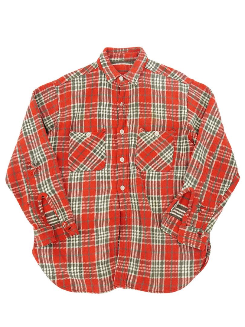 60's 好配色チェック柄 フランネルシャツ 赤 実寸(16位) マチ付き