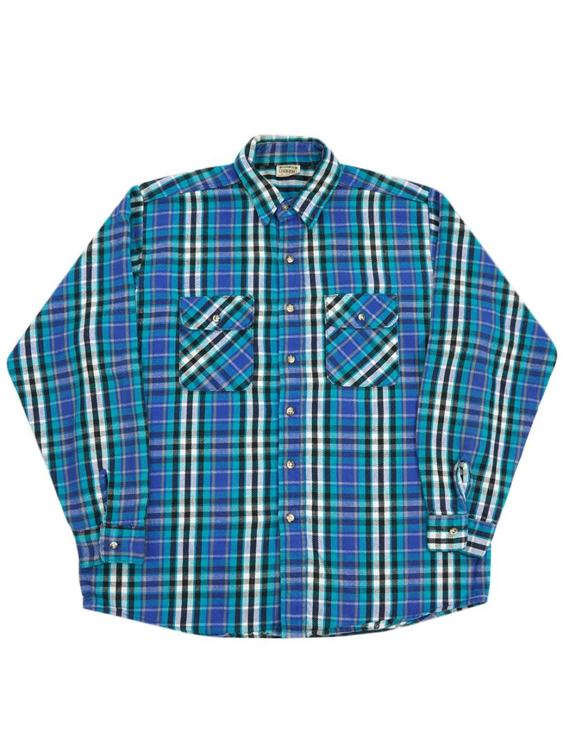 90's FIVEBROTHER 白黒ターコイズ 好配色チェック フランネルシャツ 表記(TALLMAN-XL)