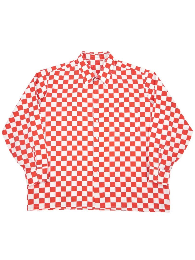 70's 赤白 チェッカーフラッグ L/Sシャツ 表記(18-18 1/2) USA製